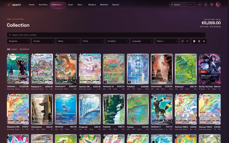 A card collection and its value in Sparkl