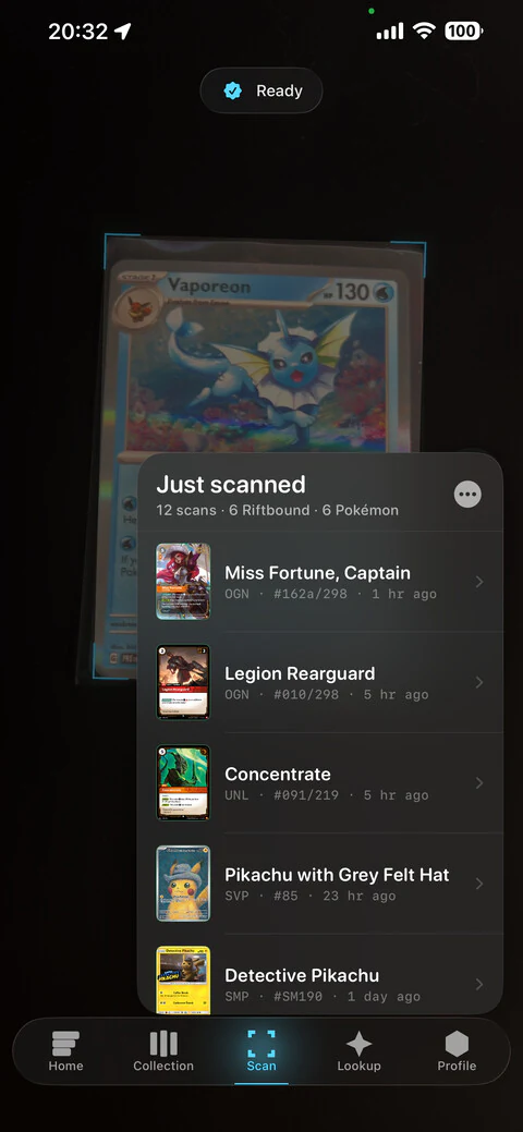 Live Scan 标签页：取景框中有一张卡牌，带有 Ready（就绪）标记