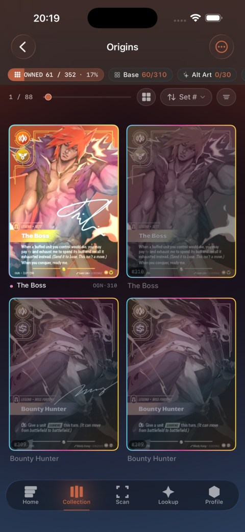 Master-set view for Origins with ghosted empty pockets for cards not yet owned