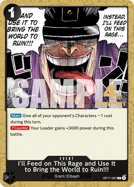Je vais me nourrir de ton courroux et détruire le monde !! op17-097 – OP17 – The World's Strongest Warriors Release Event Cards