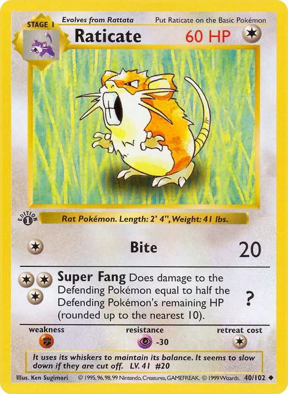 Raticate #40 – Base Set (Shadowless)