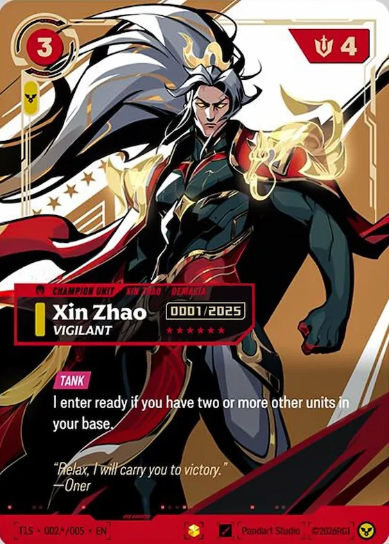 Xin Zhao, Vigilant #002* – Riftbound x T1 2025 Worlds Champion Collection